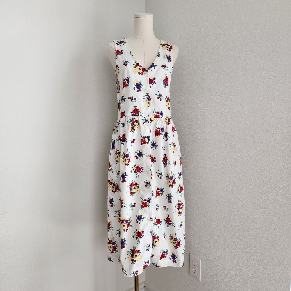 Vintage 90s Talbots Petite White Floral Midi Jumper Dress Sleeveless Cotton XS S